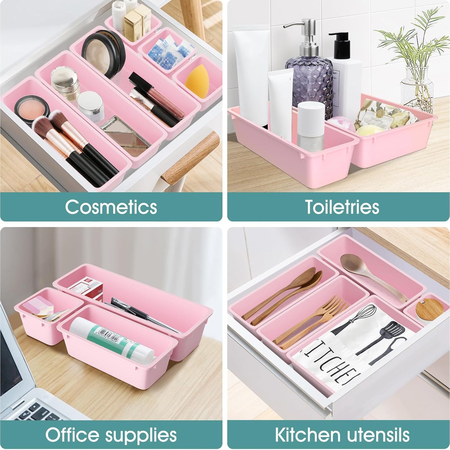 WOWBOX 25 PCS Plastic Drawer Organizer Set - Versatile Storage Bins for Makeup, Jewelry & Gadgets | Pink