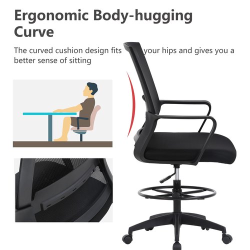 Drafting Chair Tall Office Chair Adjustable Swivel Rolling Mesh Height with Lumbar Support Arms Footrest Mid Back for Adults Standing Desk Drafting Stool (Black)