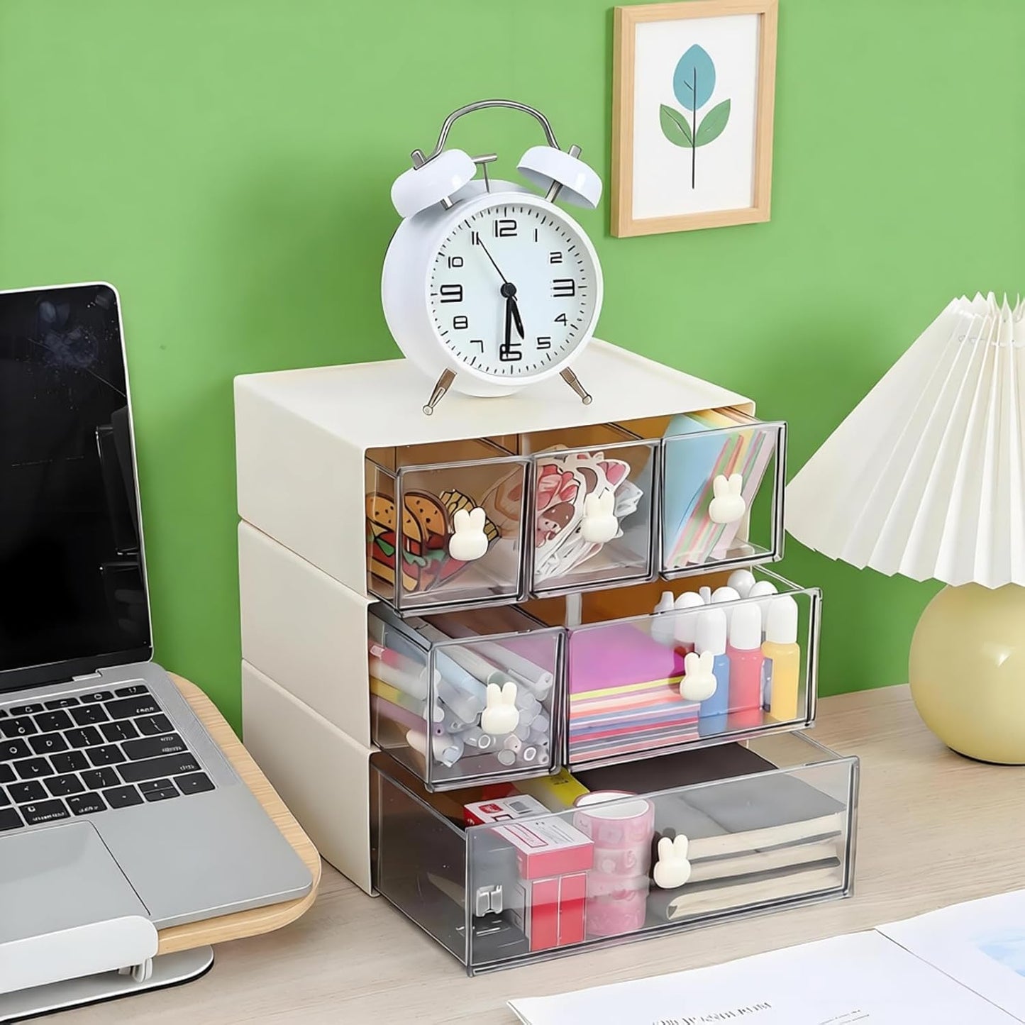 Skiennix Desktop Storage Drawers - Modular Stackable Organizer with 6 Drawers | Cream & Clear Finish