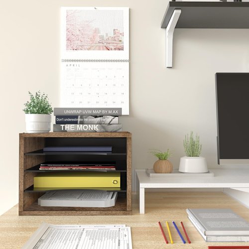 J JACKCUBE DESIGN Rustic Wood Desk Organizer - 4 Compartment File Holder for Home & Office | Document Storage & Mail Tray