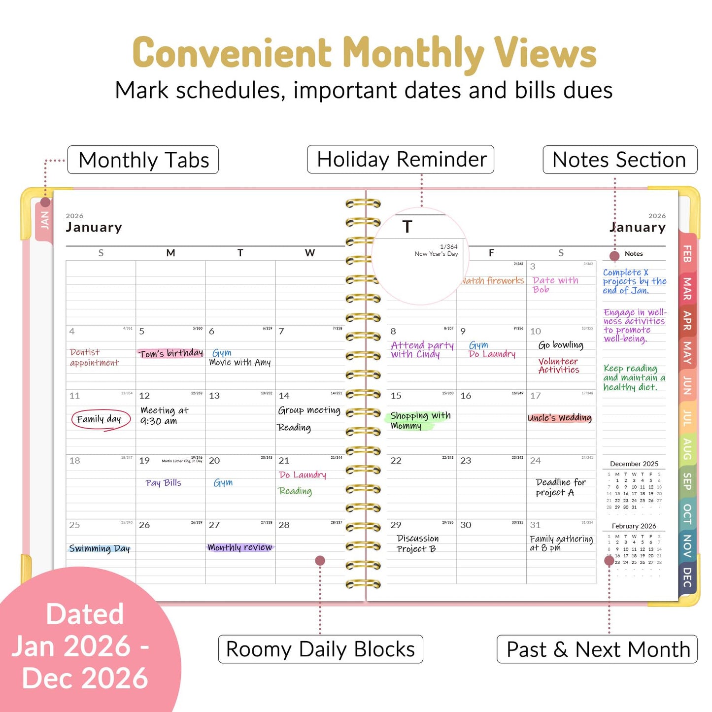 Forvencer 2026 Planner, Hardcover Calendar Planner Weekly and Monthly, Jan 2026 - Dec 2026, 8.5" x 11", Spiral Daily Organizer for Home School, Pink