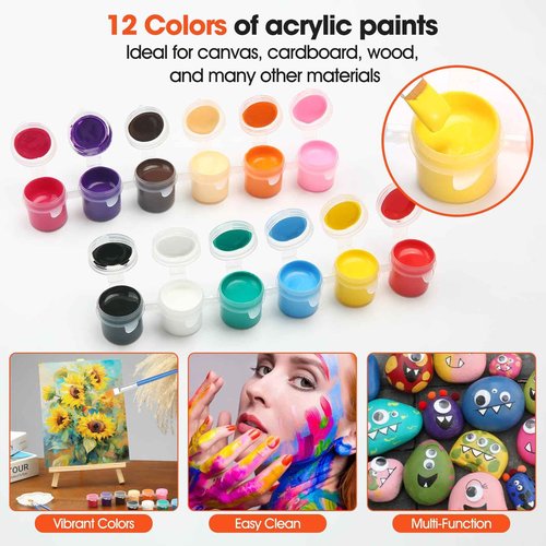 148 Pack Canvas and Easel Set for Party 8 x 10 In Canvas Boards for Painting with 12.2" Easels Brushes Paint Trays & Acrylic Paints Canvas Painting Kit for Kids Adults Teenagers Classroom Party Favors