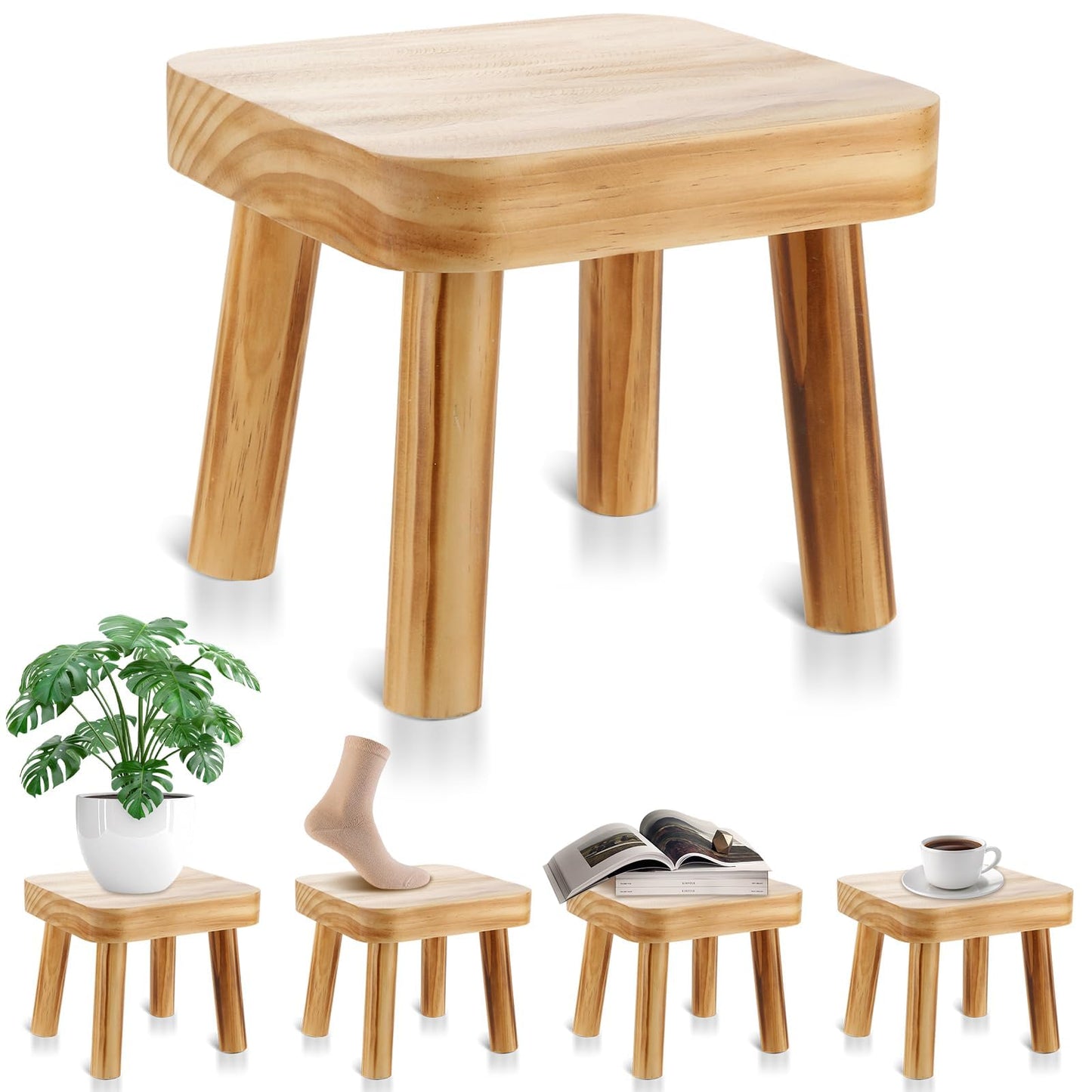 Oungy 8 Inch Wooden Step Stool, Small Step Stool for Adults with Detachable Legs, Pine Wood Stool with Non-Slip Foot Pads, One Step Stool for Kitchen Bathroom Bedroom & Bedside 220 lbs