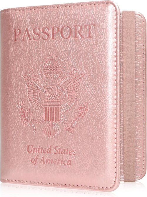 ACdream RFID Blocking Passport Holder - Premium PU Leather Travel Wallet with Card & Pen Holder - Rose Gold