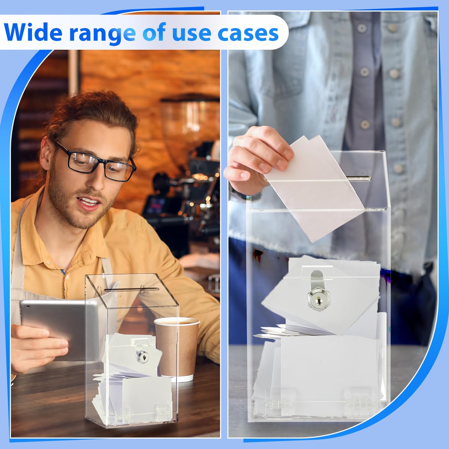 Juexica Large Clear Acrylic Donation Box with Lock and Slot, Wall Mountable Suggestion Ballot Box, Raffle Ticket Boxes for Office, School, Church, Voting & Fundraising, 10.24'' x 5.63'' x 4.02''