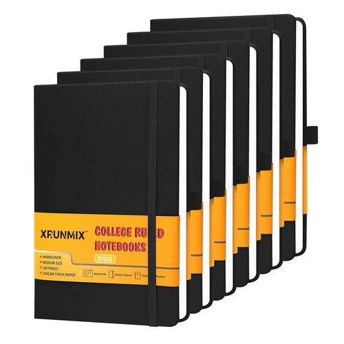 Lined Journals for Writing, A5 Notebooks (5.7 x 8'') with 160 Pages, 100 GSM Premium Paper, Ribbon Bookmark, Elastic Band & Inner Pocket - Perfect for Work, Journaling, Note-Taking & Gifting (Black - 6 Packs)