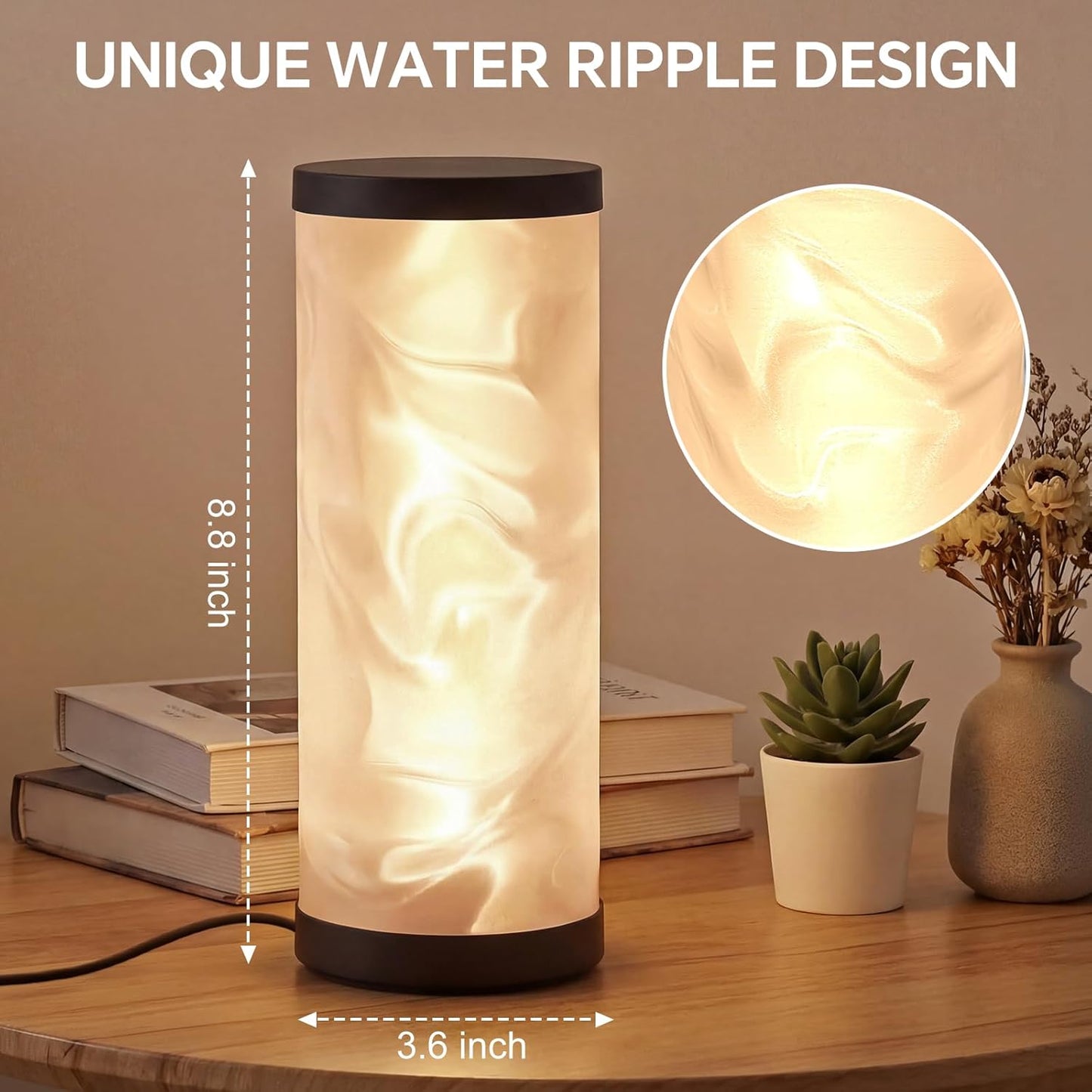 WORLD WIN Prism Glow Table Lamp - Dimmable USB Control Bedside Light | 3 Color Temperatures, Modern Design (Water Ripple, Black)