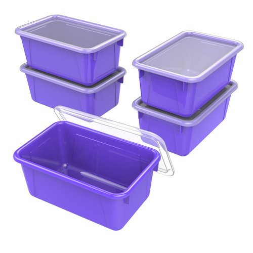 Storex Small Cubby Bins – Plastic Storage Containers for Classroom with Non-Snap Lid, 12.2 x 7.8 x 5.1 inches, Purple, 5-Pack (62411A05C)