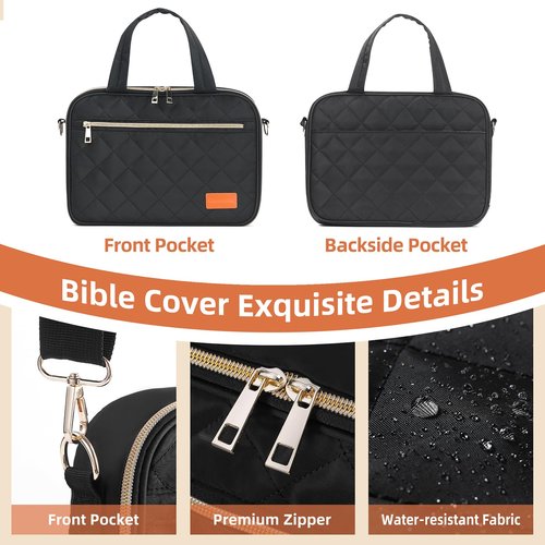 Bible Cover Case for Women, Large Girl Bible Case with Detachable Pen Slot & Shoulder Strap, Bible Carrying Case for Womens Girls Bible Study, Black