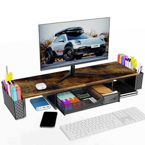 Spacrea Metal Desk Organizers and Accessories, Dual Monitor Stand Riser with Drawer and 2 Pen Holders, Desk Accessories & Workspace Desktop Organizers for Office Supplies (Wood)
