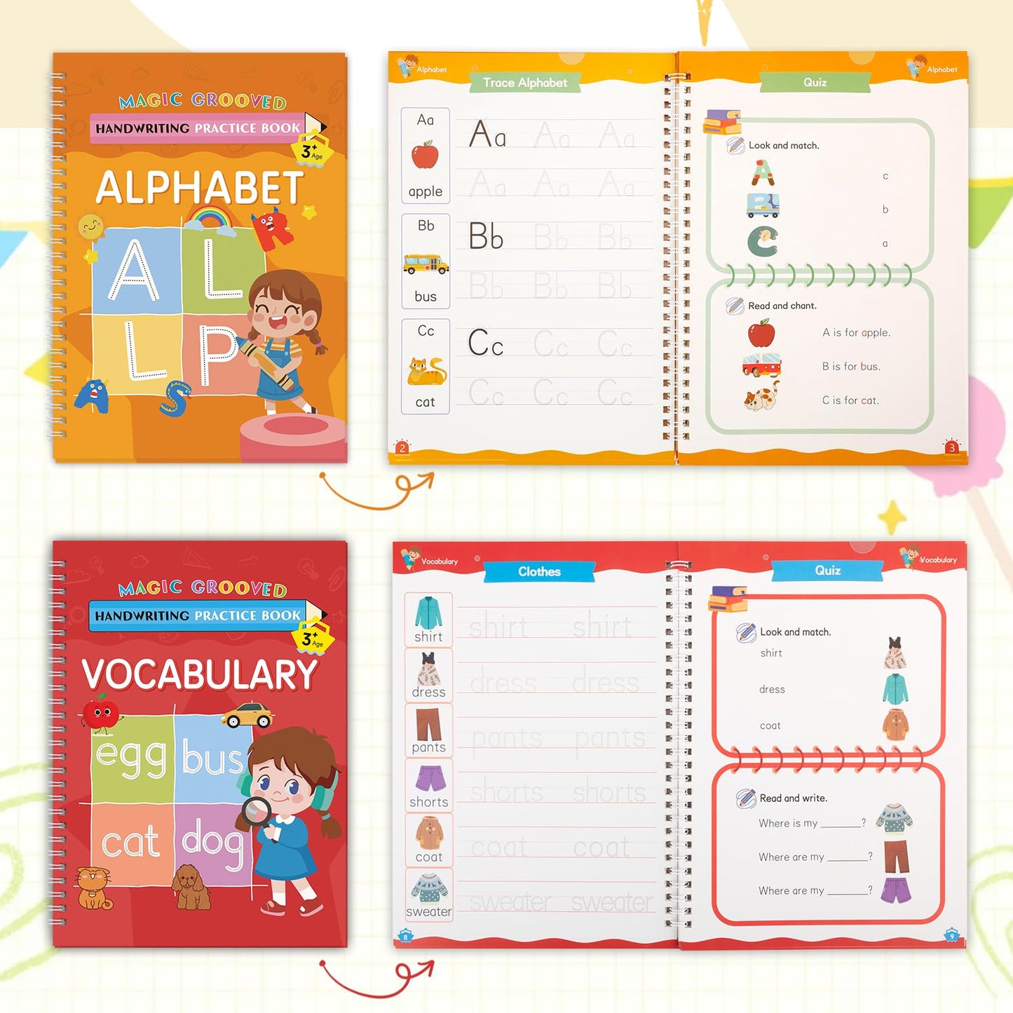 Magic Grooved Handwriting Practice Books for Kids Ages 3-8, Reusable Tracing Book, Preschool Learning Activity, Motor Skills Writing Workbook with Pencil Grips & Magic Ink Pens