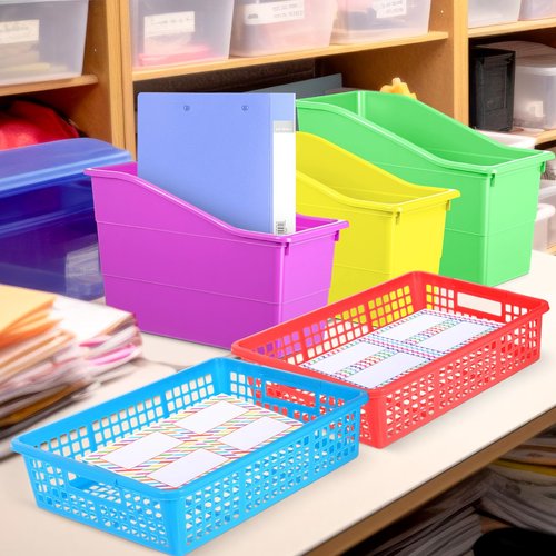 Blosssound 12 Pack Colorful Plastic Classroom Storage Bins with Label Stickers 6 Classroom Book Bins 6 A4 Paper Plastic Trays Stackable Organizer Set for Back to School Library Home Office Supplies