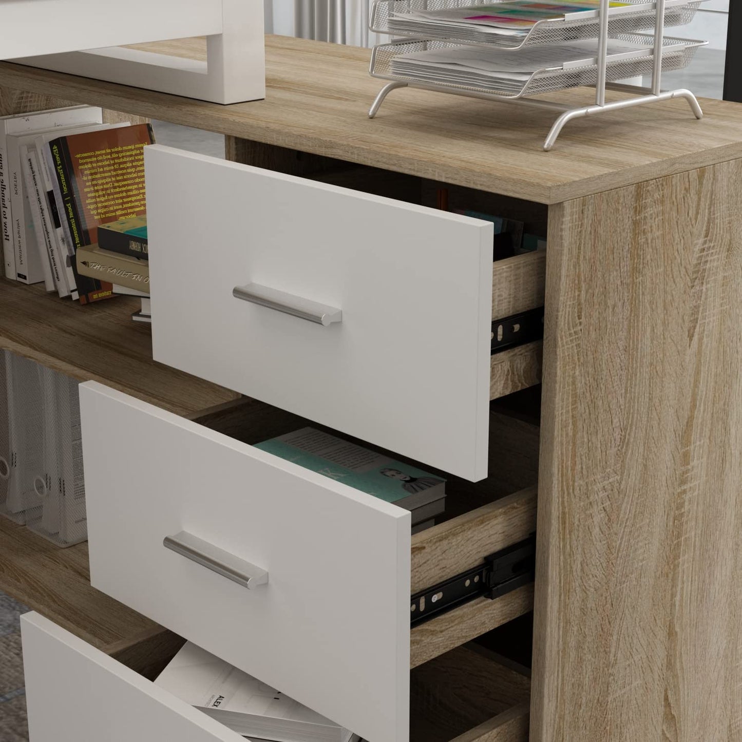 Homsee Home Office Computer Desk Corner Desk with 3 Drawers and 2 Shelves, 54 Inch Large L-Shaped Study Writing Table with Storage Cabinet - Walnut and White