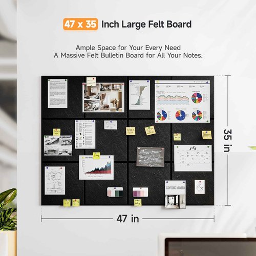 Uoisaiko Felt Cork Board for Wall: Extra Large Bulletin Board for Office - 12 PCS Thick Corkboard Tiles Grey Pin Board Squares Adhesive