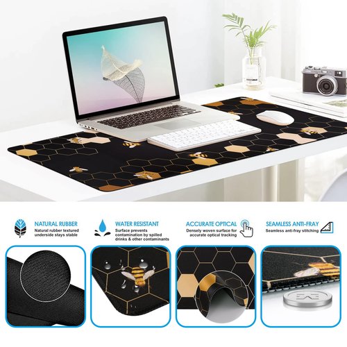 iCasso Desk Mat, Gaming Mouse Pad Wrist Support Set,4in1 XXL Large Mousepad + Keyboard Wrist Rest+Mouse Wrist Rest+Coaster Set with Ergonomic Design for Home Office Table Computer-Honeycomb