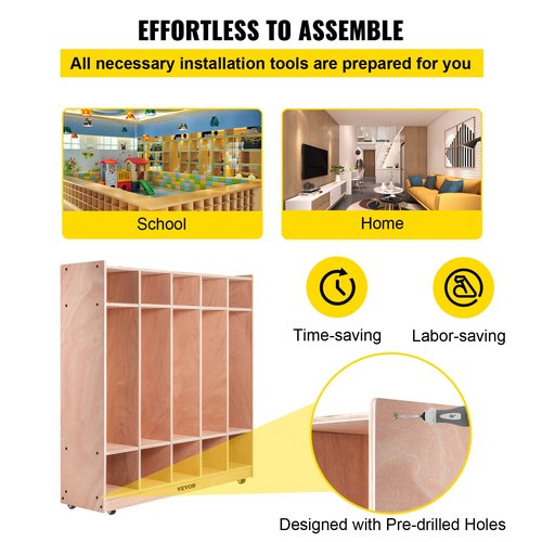 Happybuy 5-Section School Storage Locker, Wooden Storage Cabinet with 4 Casters, Classroom Cubbies for Storage, 15mm Thick Plywood Locker for Home, Office, School,Gym, Kindergarten