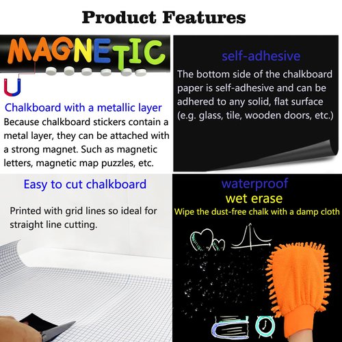 LACQWO Magnetic Chalkboard Contact Paper for Wall 46.3"x18" Self Adhesive Magnetic Wall Board Sticker with 12 Colors Liquid Chalk and 36 Magnet Letters for Kids, Black Chalk Board Wallpaper Roll