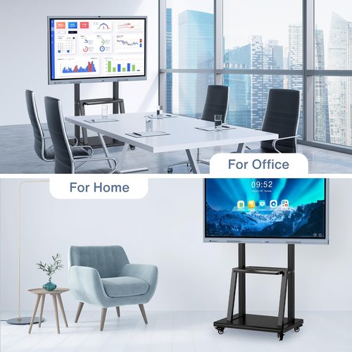 Mobile Height-Adjustable Stand with Locking Wheels for 43-65" Office Screens | Dual Steel Shelves | 176lbs Capacity | Heavy-Duty for Conference Rooms & Presentations