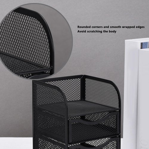 HEEPDD 3 Tier Mesh Office Desktop Organizer with 3 Drawer, Mini Desk Supplies Office Supplies Organizer Metal Stationary Black Desk Caddy