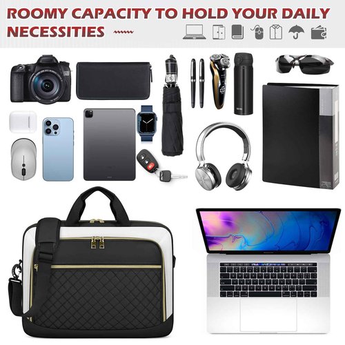 NEWHEY Laptop Bag 17.3 Inch Laptop Briefcase for Women Men Waterproof Shoulder Messenger Bag Large Computer Bag for Business Office Work College, Black&Beige