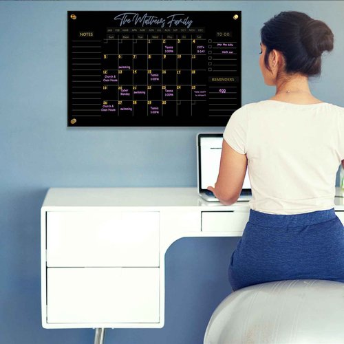 Black Acrylic Calendar Dry Erase for Wall, Family Planner, Monthly Calendar Dry Erase Whiteboard for Home, Office, 24" x 16"Reusable White Board（(Acrylic-BK-4060)