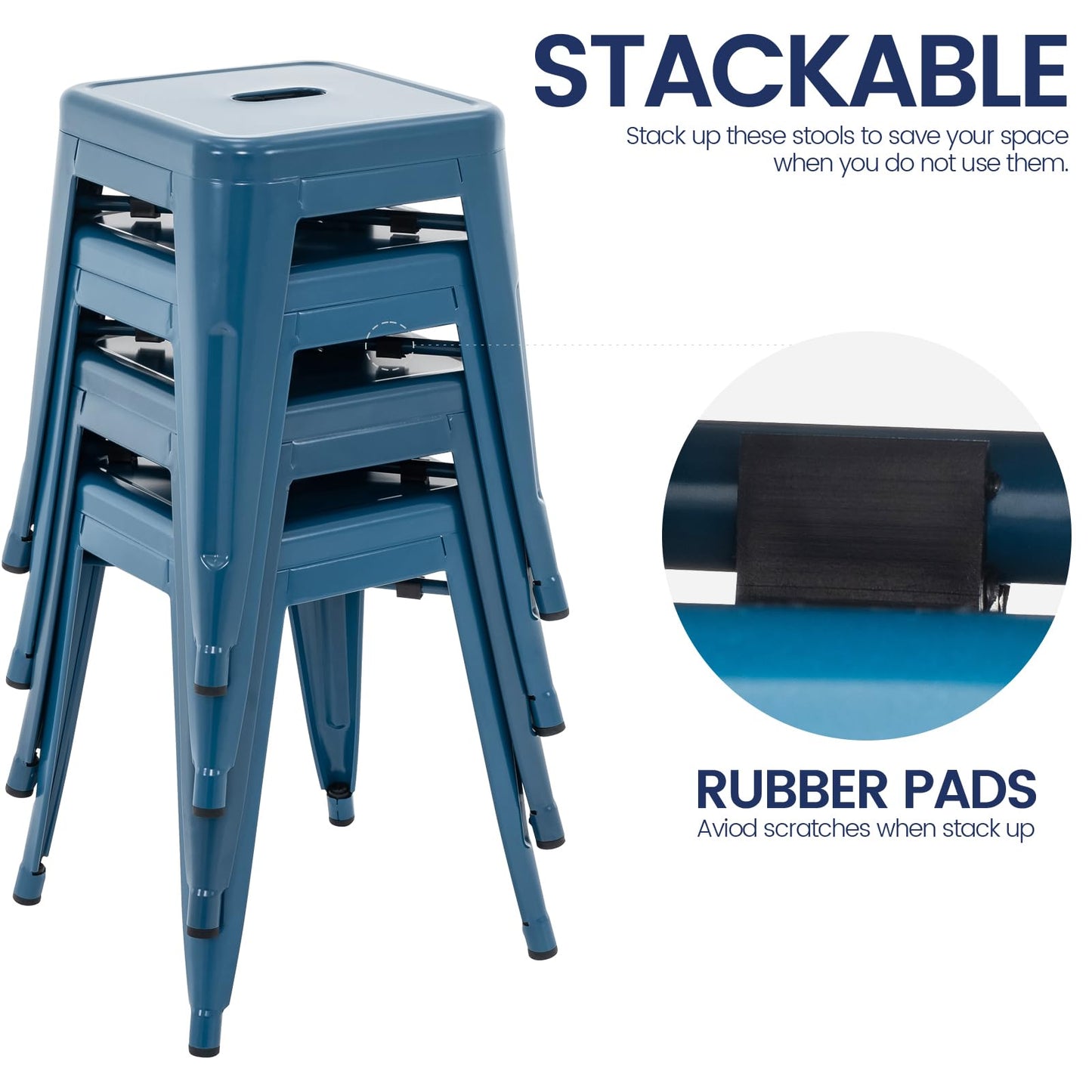 Brage Living 18 Inch Industrial Metal Stools Set of 4, Stackable Classroom Stools, Backless Metal Dining Chairs for Indoor Outdoor, Kitchen Short (Deep Blue)
