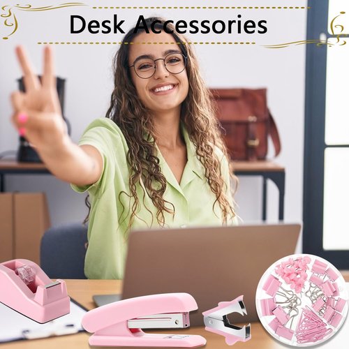 Office Supplies Set,Desk Accessories,Stapler and Tape Dispenser Set,1000 Staples,Staple Remover,Hinder Clips,Scissor,Index Tabs,Clear Tape,Ballpoint Pen,Gifts for Colleagues(Pink)