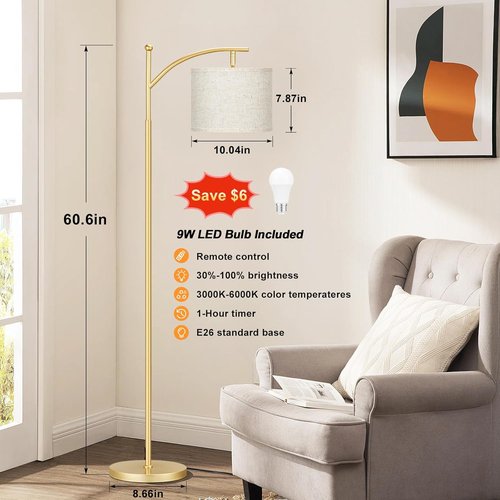Ambimall 60" Adjustable Floor Lamp - Remote Control, Color Temperature & Brightness Options, Beige Shade & Gold Pole