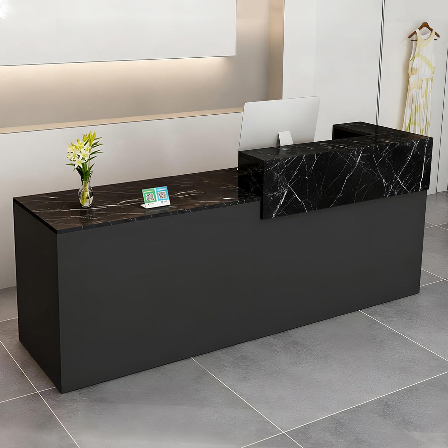 Modern Reception Desk with Drawer & Open Shelves, 39-95 Inch Front Counter Table, Computer Workstation Suitable for Salons, Offices, Lobbies, Retail Stores and Home Offices
