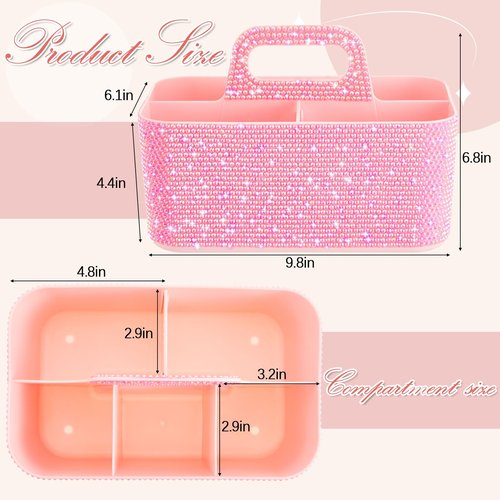 Marspark Bling Girly Caddy Bathroom Organizer with Handle, 9.8 Inch Sparkly Pen Pencil holder for Back to School, Office Desk Accessories Organizer for Pen Brush Makeup Supplies(Pink,AB Diamond)