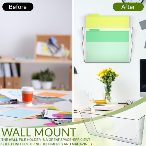 Threehoney 6 Pcs Legal Size Clear Single Pocket Wall Mount File Holder Plastic Hanging Wall Organizer with Double Sided and Screws Wall Mount Mails Magazines Organizer for Office and Home