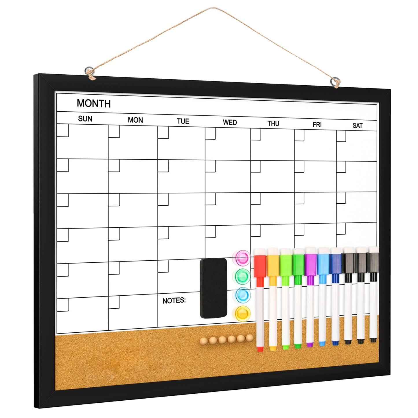 Monthly Calendar Whiteboard for Wall, 17 x 13 Inches Dry Erase Board Cork Board Combo with Wood Framed, Hanging Magnetic White Board with Markers Magnets Push Pins Eraser for Office Kitchen Home Memo