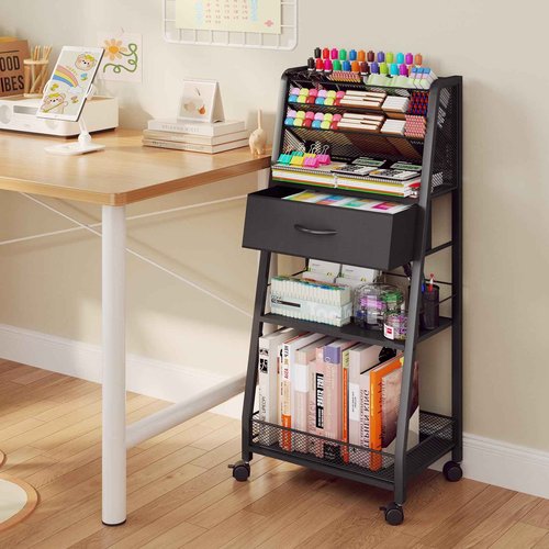 Homsorout 3 Tier Rolling Cart - Metal Utility Cart with Storage Drawer and Wheels, Versatile Art & Craft Organizer for Home, Office, or Studio - Ideal for Storing Brushes, Paints, and Supplies（Black）