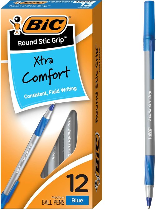 BIC Round Stic Grip Xtra Comfort Blue Ballpoint Pens - Medium Point (1.2mm) | 12-Pack for Superior Writing Comfort