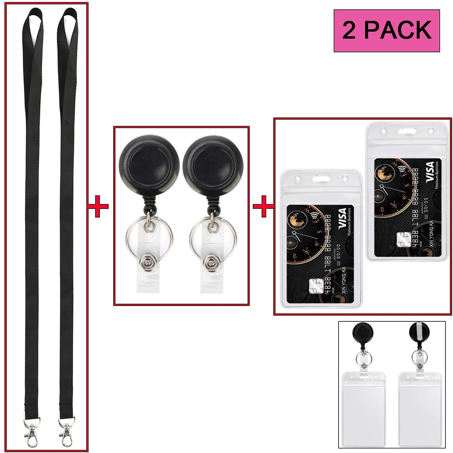 2Pack Black Lanyards,Retractable Badge Reel with Vertical ID Badge Holder