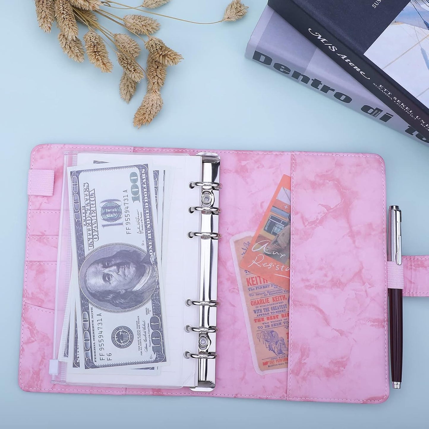 Antner A6 Budget Binder - Refillable PU Leather Notebook Planner Cover | Marble Pink, 6 Ring Design