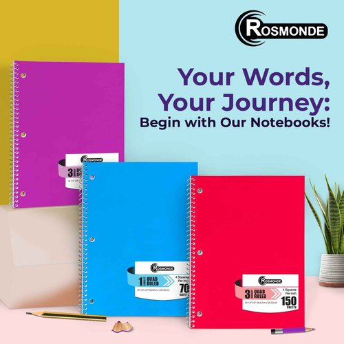 Rosmonde 1 Subject Graph Paper Spiral Notebook, 24 Pack, 70 Sheets (140 Pages), 8 x 10-1/2" Bulk 4x4 Spiral Bound Grid Notebooks, 3 Hole Punched Single Subject Quad Ruled Spiral Notebooks for School