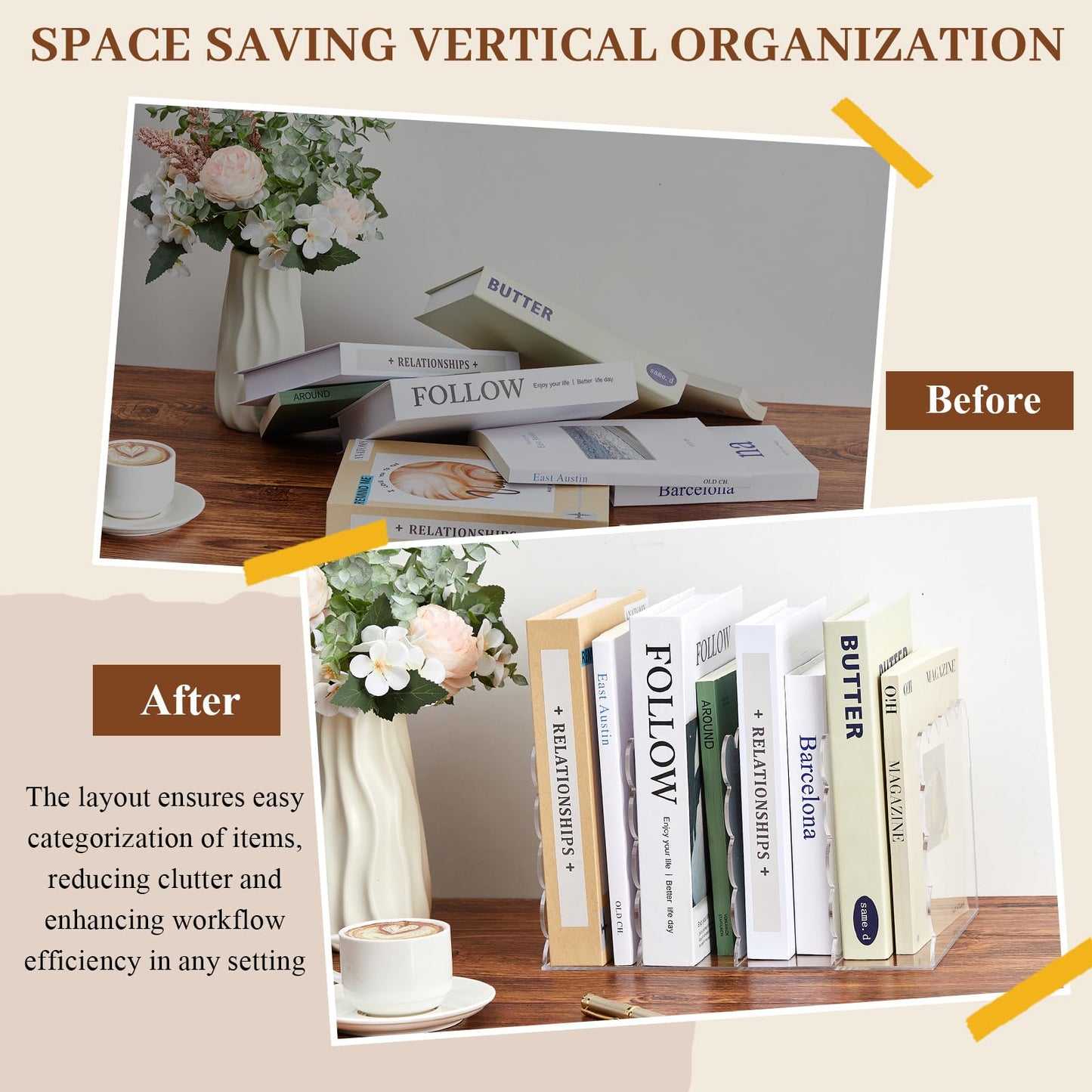 AmazingSpark 1 Pcs Scalloped Acrylic Book Holder for Desk with 4 Compartments 11.22 x 7.28 x 6.5 Inches Clear Acrylic Magazine Organizer Storage Mail Sorter with Wave Edge Design for Office Home