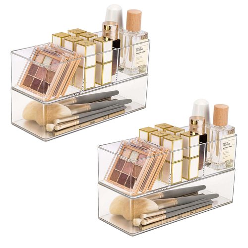 JessLab Acrylic Organizers, Bathroom Organizer for Drawer, 4-Pack Cosmetic Display Cases for Vanity, Countertop, Desk, Kitchen, and Makeup Storage, 2 of 1-Compartment and 2 of 3-Compartment