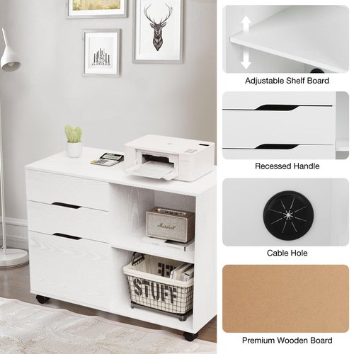 Sweetcrispy 3-Drawer File Cabinet Lateral Mobile Filing Under Desk Storage Organizer with Wheels Printer Stand & Open Shelves for Home Office Organization, Whitewood