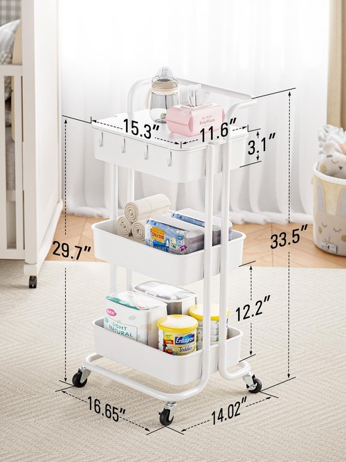 Pipishell 3 Tier Rolling Cart with Table Top, Utility Cart with Wheels & 4 Hooks, Rolling Storage Cart for Home Storage and Organization, White, PIUC09W