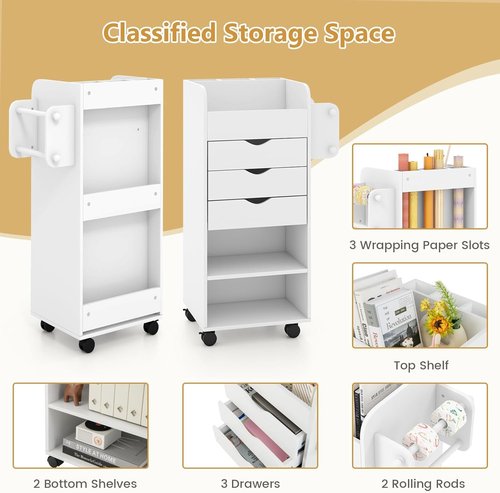 Nightcore Rolling Storage Drawer Cart, Mobile Chest of Drawers, 3 Shelves, 3 Slots, 2 Rolling Rods, Organizer Cabinet w/Lockable Casters, Wide Storage Space for Home Office, Living Room, Study (White)