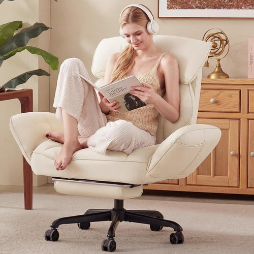 Dowinx Cross Legged Office Chair - Reclining Gaming Chair with Pivoting Armrests & Footrest | Cream