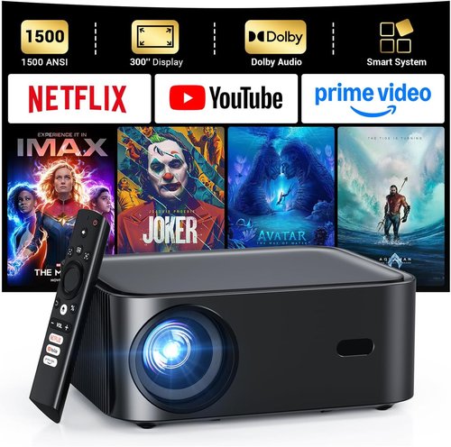 HAPPRUN 4K Smart Projector - 1500 ANSI Lumens, Dolby Audio, Wi-Fi & Bluetooth - 300-Inch Screen for Home & Outdoor Use