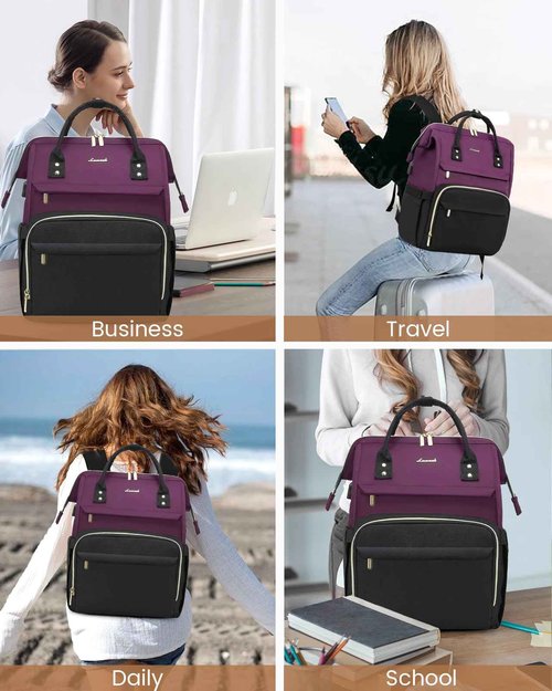 LOVEVOOK Laptop Backpack for Women Fashion Business Computer Backpacks Travel Bags Purse Doctor Nurse Work Backpack with USB Port, Fits 15.6-Inch Laptop Dark Purple-Black