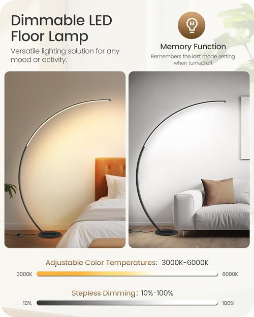 Skiennix 75-Inch Dimmable LED Arc Floor Lamp - Remote Control & 3 Color Temperatures | Modern Design for Living Room & Bedroom