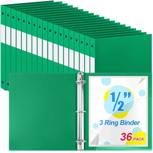 Henoyso 36 Pcs 3 Ring Binder 1/2'' Round Fits Letter Size 8. 5'' x 11'' Paper Plastic Flexible Binder Holds 100 Sheets with 1 Pockets Versatile Organizer for Office Home School (Green)