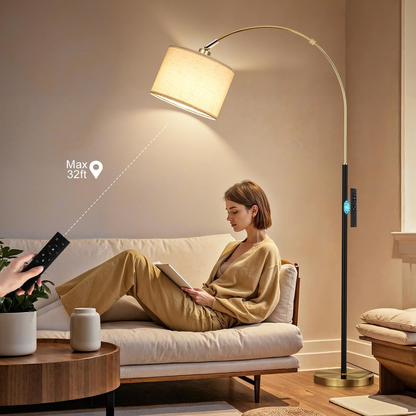 Ambimall Dimmable Arc Floor Lamp with Remote, Color Temperatures and Brightness Adjustable, Arched Floor Lamp with Rotating Head, Over Couch Arched Reading Light for Living Room (Black and Bronze)
