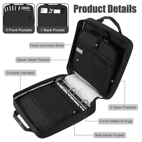 MoKo Zipper Binder, 2 Inch 3 Ring Binder with Zipper, 500 Sheet Capacity Zip Up Binders with Shoulder Strap Handle, Multi-Pocket Zip Up Binders for Middle School Student, Black