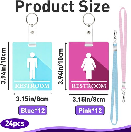 Skiennix 24 PCS Bathroom Passes - Colorful Key Holders with Lanyards for Schools & Businesses | Pink & Blue